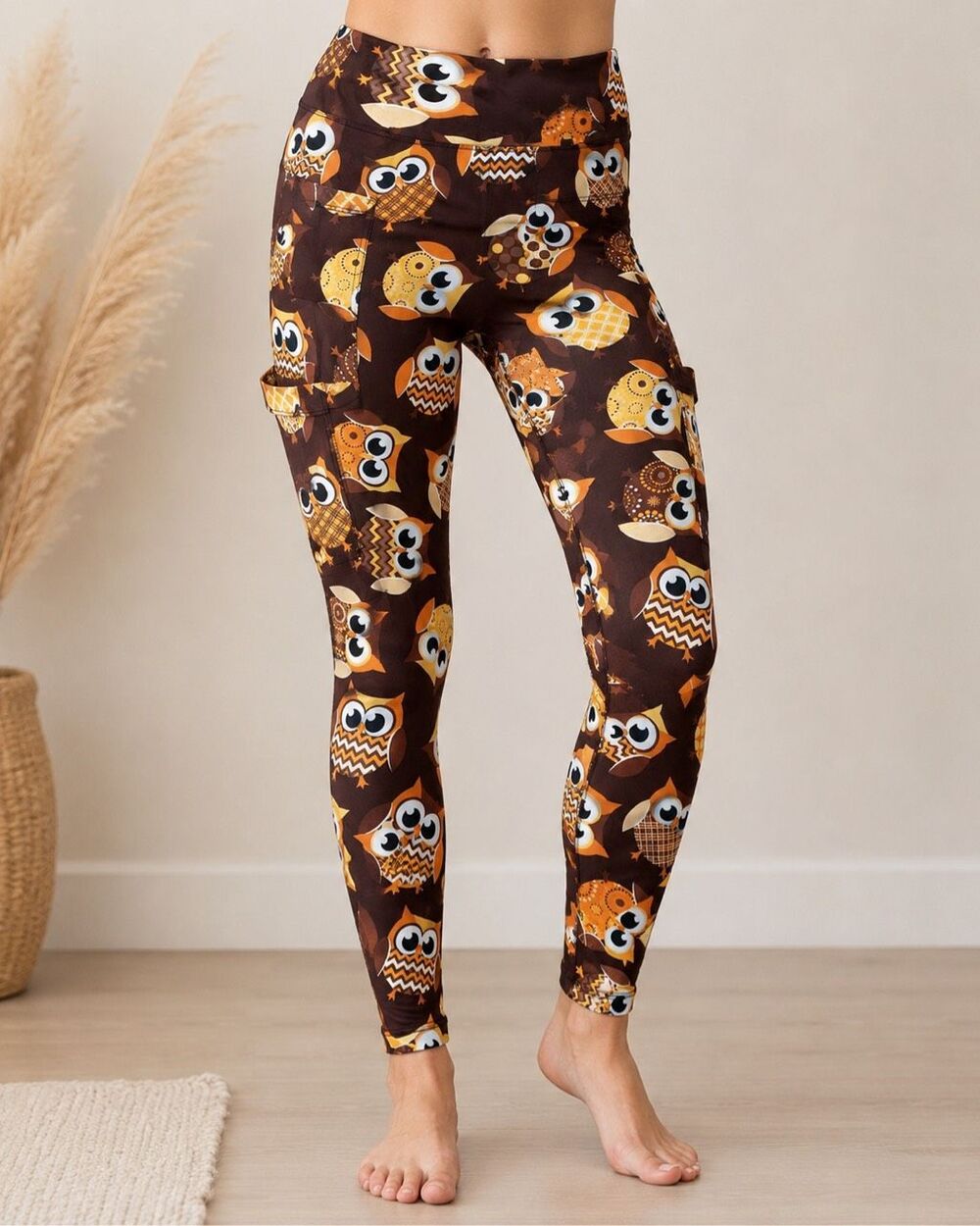Owl print Women’s One Size Brown Orange Owl Print Leggings Stretch Fall Pants